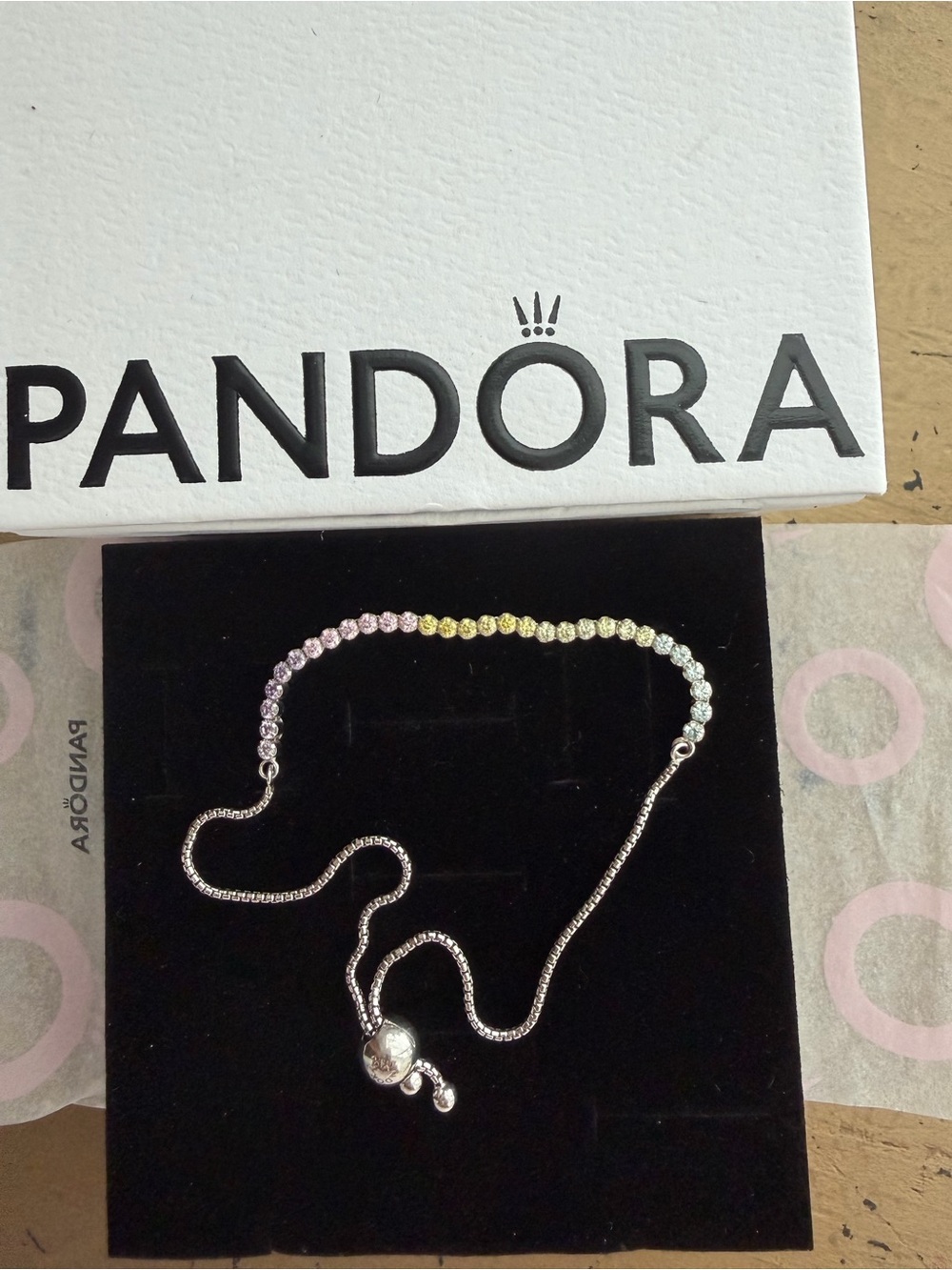 Pandora Silver Slider bracelet with Pink, Yellow and Light Blue Stones